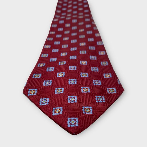 $135 David Donahue Mens Red Blue Medallion Italian Silk Handmade Tie 60L x 3.5 - Picture 6 of 12